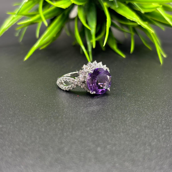 Natural Purple Amethyst Round Solitaire Silver Ring, 925 Sterling Silver Ring, Engagement - Wedding Ring, Dainty American Diamond Jewelry