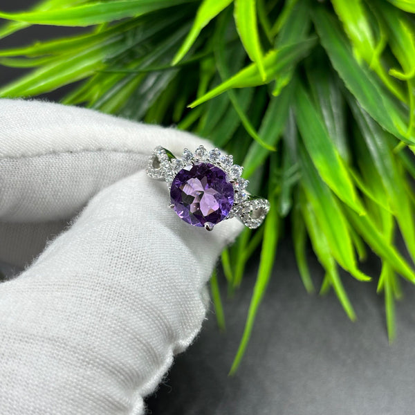 Natural Purple Amethyst Round Solitaire Silver Ring, 925 Sterling Silver Ring, Engagement - Wedding Ring, Dainty American Diamond Jewelry