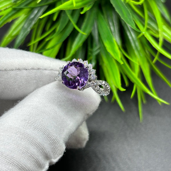 Natural Purple Amethyst Round Solitaire Silver Ring, 925 Sterling Silver Ring, Engagement - Wedding Ring, Dainty American Diamond Jewelry
