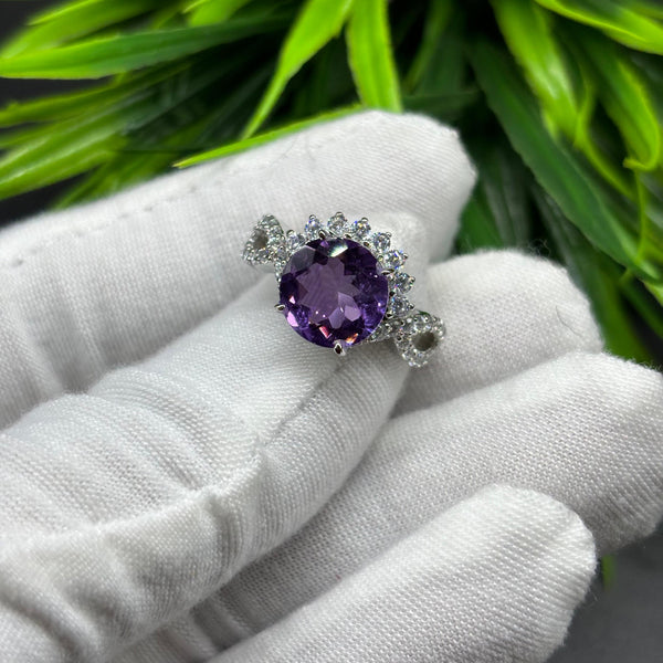 Natural Purple Amethyst Round Solitaire Silver Ring, 925 Sterling Silver Ring, Engagement - Wedding Ring, Dainty American Diamond Jewelry