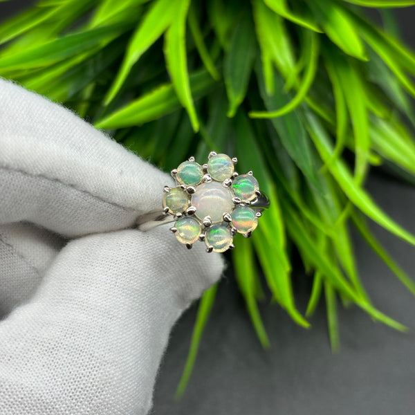 Natural Ethiopian Opal Round Cabochon Solitaire Silver Ring, 925 Sterling Silver Ring, Engagement - Wedding Ring, Dainty Opal Silver Jewelry