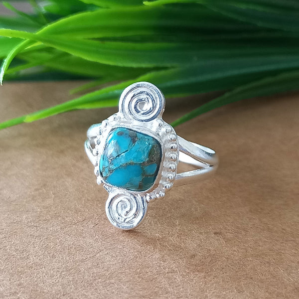 New Design Natural Blue Copper Turquoise Cushion Stone Ring, 925 Sterling Silver Cushion Turquoise Ring, Turquoise Cushion Ring