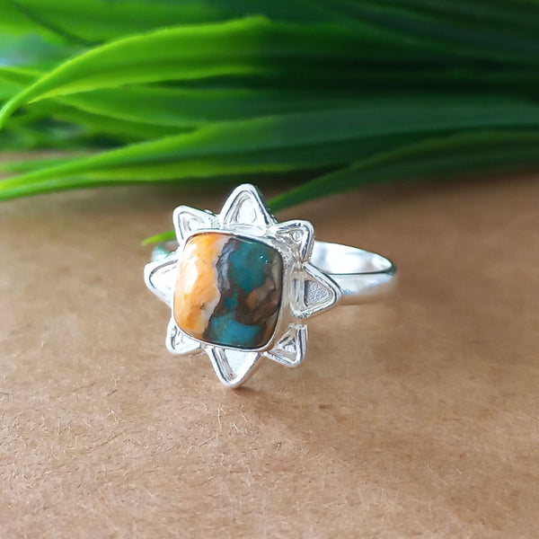 New Design Natural Oyster Copper Turquoise Cushion Stone Ring, 925 Sterling Silver Cushion Turquoise Ring, Turquoise Cushion Ring