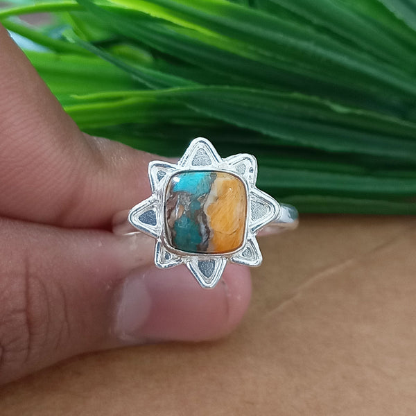 New Design Natural Oyster Copper Turquoise Cushion Stone Ring, 925 Sterling Silver Cushion Turquoise Ring, Turquoise Cushion Ring