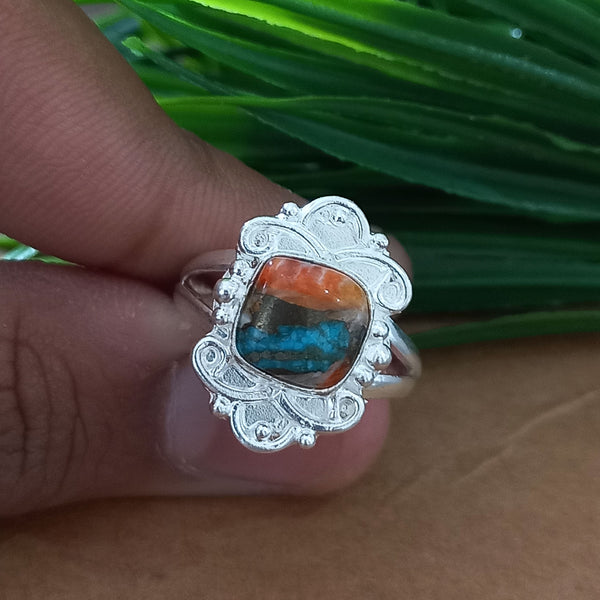 New Design Natural Oyster Copper Turquoise Cushion Stone Ring, 925 Sterling Silver Cushion Turquoise Ring, Turquoise Cushion Ring