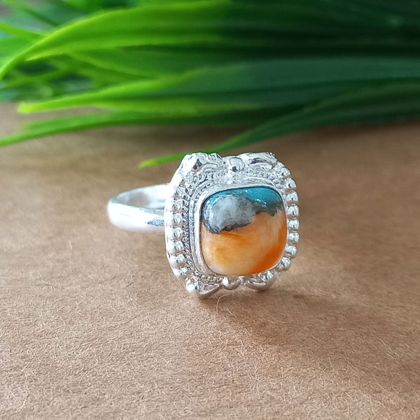 New Design Natural Oyster Copper Turquoise Cushion Stone Ring, 925 Sterling Silver Cushion Turquoise Ring, Turquoise Cushion Ring