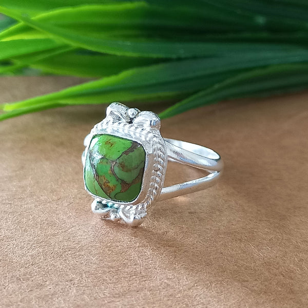 New Design Natural Green Copper Turquoise Cushion Stone Ring, 925 Sterling Silver Cushion Turquoise Ring, Turquoise Cushion Ring