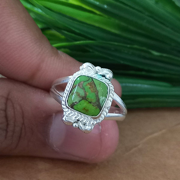 New Design Natural Green Copper Turquoise Cushion Stone Ring, 925 Sterling Silver Cushion Turquoise Ring, Turquoise Cushion Ring