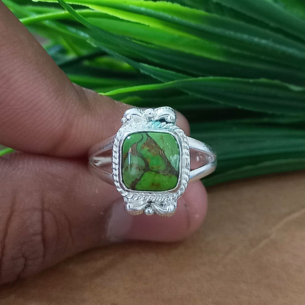 New Design Natural Green Copper Turquoise Cushion Stone Ring, 925 Sterling Silver Cushion Turquoise Ring, Turquoise Cushion Ring