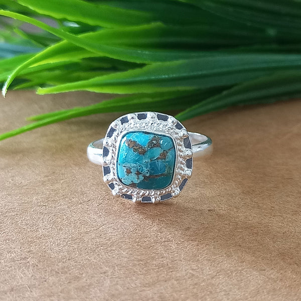 New Design Natural Blue Copper Turquoise Cushion Stone Ring, 925 Sterling Silver Cushion Turquoise Ring, Turquoise Cushion Ring