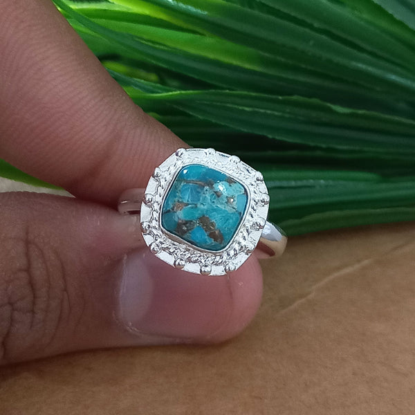 New Design Natural Blue Copper Turquoise Cushion Stone Ring, 925 Sterling Silver Cushion Turquoise Ring, Turquoise Cushion Ring