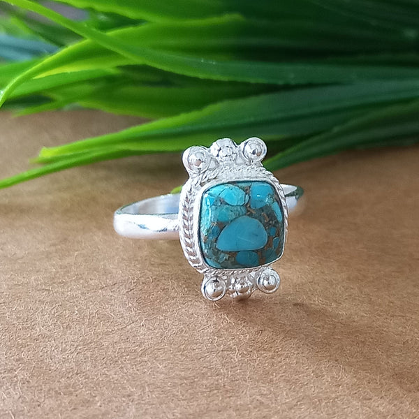 New Design Natural Blue Copper Turquoise Cushion Stone Ring, 925 Sterling Silver Cushion Turquoise Ring, Turquoise Cushion Ring