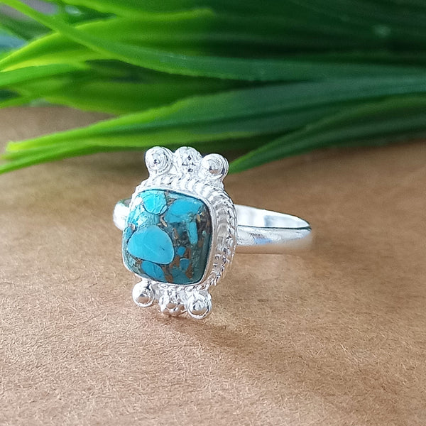 New Design Natural Blue Copper Turquoise Cushion Stone Ring, 925 Sterling Silver Cushion Turquoise Ring, Turquoise Cushion Ring