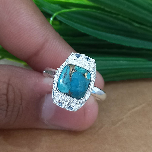 New Design Natural Blue Copper Turquoise Cushion Stone Ring, 925 Sterling Silver Cushion Turquoise Ring, Turquoise Cushion Ring