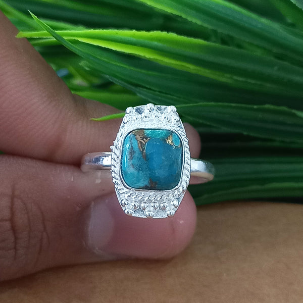 New Design Natural Blue Copper Turquoise Cushion Stone Ring, 925 Sterling Silver Cushion Turquoise Ring, Turquoise Cushion Ring