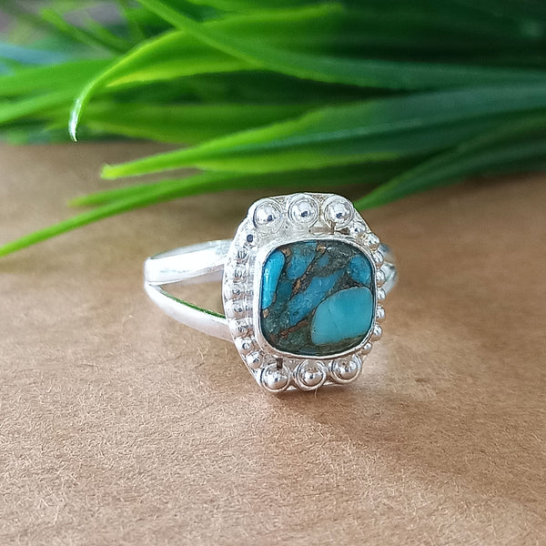 New Design Natural Blue Copper Turquoise Cushion Stone Ring, 925 Sterling Silver Cushion Turquoise Ring, Turquoise Cushion Ring