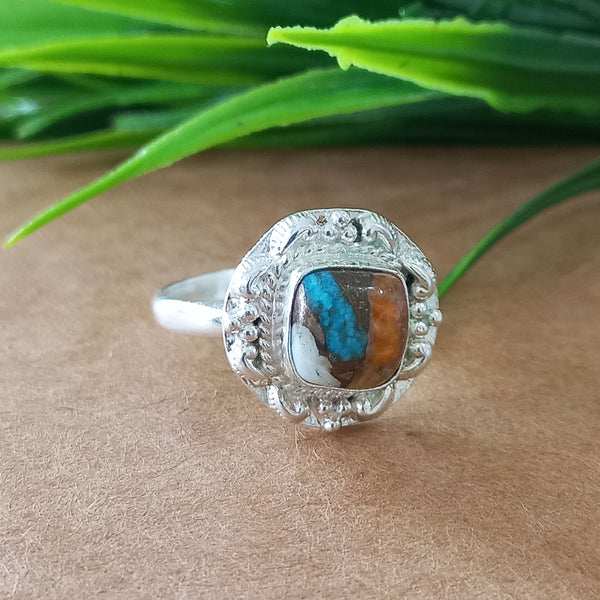 925 Sterling Silver Cushion Turquoise Ring, New Design Natural Oyster Copper Turquoise Cushion Stone Ring, Turquoise Cushion Ring