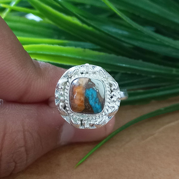 925 Sterling Silver Cushion Turquoise Ring, New Design Natural Oyster Copper Turquoise Cushion Stone Ring, Turquoise Cushion Ring