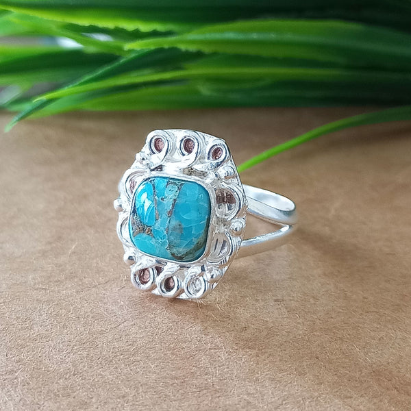 New Design Natural Blue Copper Turquoise Cushion Stone Ring, 925 Sterling Silver Cushion Turquoise Ring, Turquoise Cushion Ring