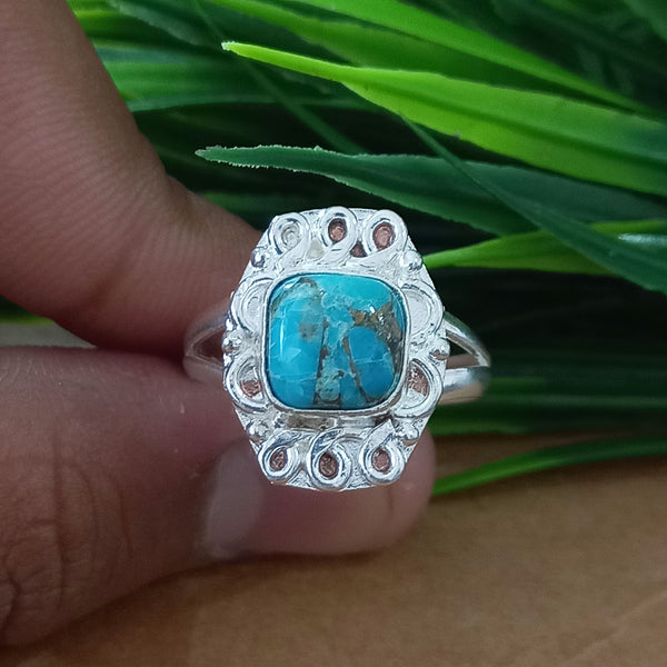 New Design Natural Blue Copper Turquoise Cushion Stone Ring, 925 Sterling Silver Cushion Turquoise Ring, Turquoise Cushion Ring