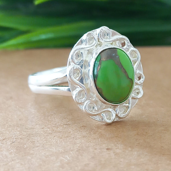 925 Sterling Silver Oval Turquoise Ring, New Design Natural Green Copper Turquoise Oval Stone Ring, Turquoise Oval Ring, Statement Ring