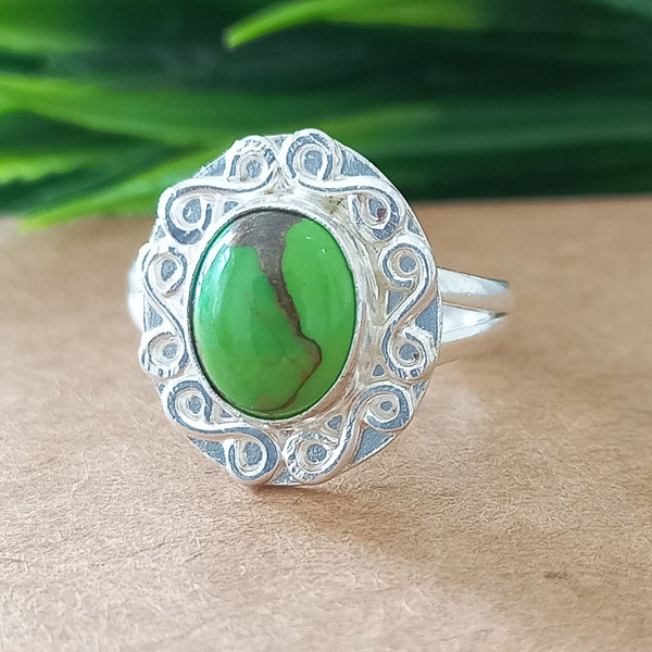 925 Sterling Silver Oval Turquoise Ring, New Design Natural Green Copper Turquoise Oval Stone Ring, Turquoise Oval Ring, Statement Ring