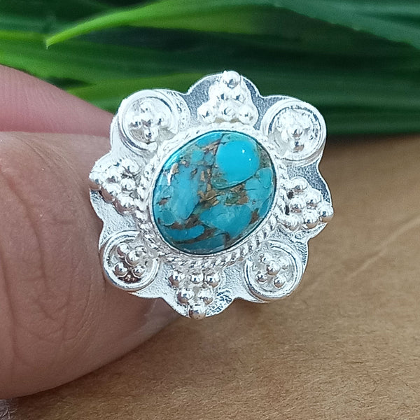 925 Sterling Silver Oval Turquoise Ring, New Design Natural Blue Copper Turquoise Oval Stone Ring, Turquoise Oval Ring, Statement Ring