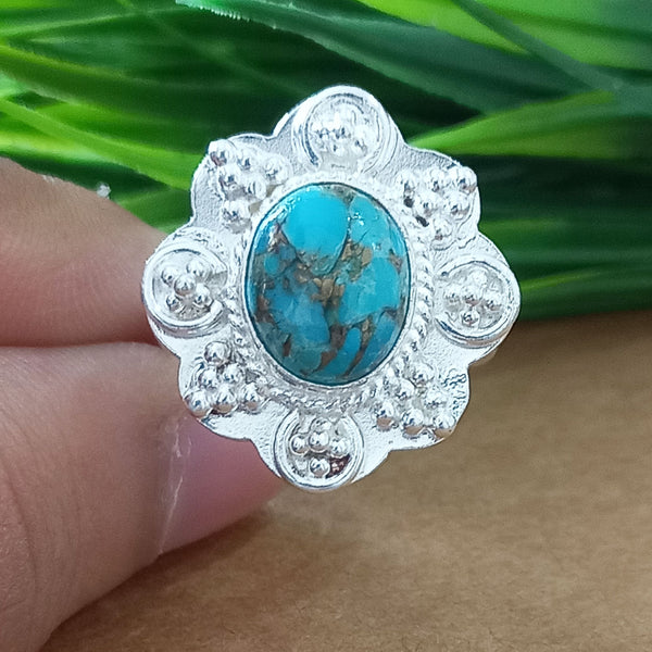 925 Sterling Silver Oval Turquoise Ring, New Design Natural Blue Copper Turquoise Oval Stone Ring, Turquoise Oval Ring, Statement Ring
