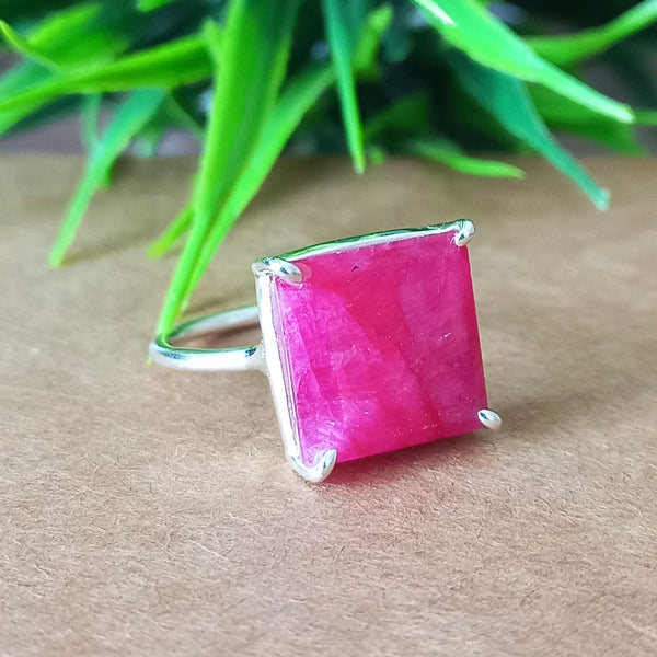 Amazing RED RUBY Square Silver Solitaire Ring, 925 Sterling Silver Prong Ring, Red Ruby Square Cut Gemstone Silver Ring, Prong ring