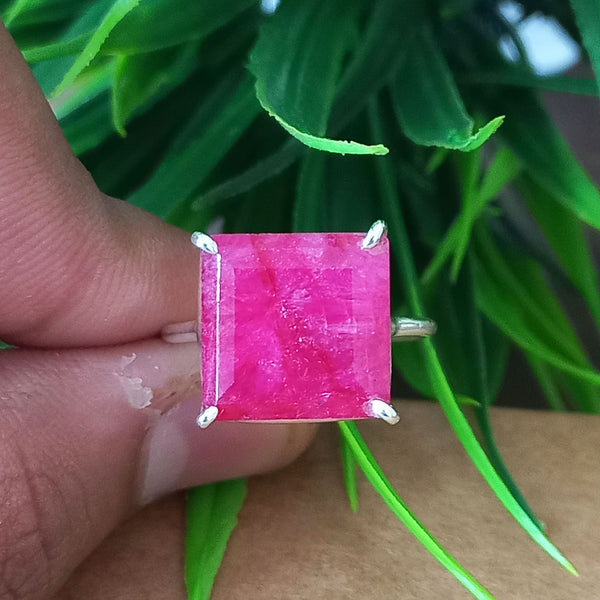 Amazing RED RUBY Square Silver Solitaire Ring, 925 Sterling Silver Prong Ring, Red Ruby Square Cut Gemstone Silver Ring, Prong ring